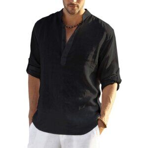 Men's Black Cotton Linen Henley T-shirt Long Sleeve Casual Beach Button